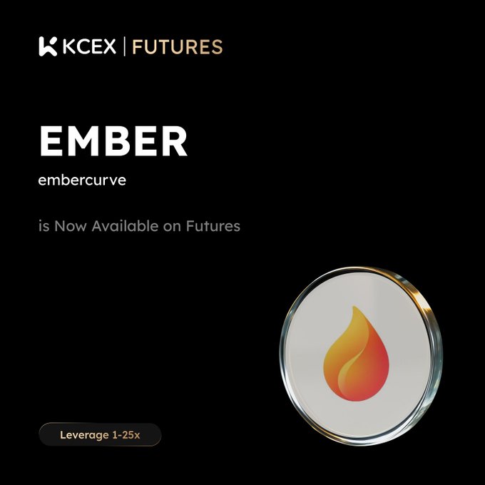 A promotional graphic for the cryptocurrency exchange KCEX announcing that the token 'EMBER' (embercurve) is now available on its Futures market with 1-25x leverage.