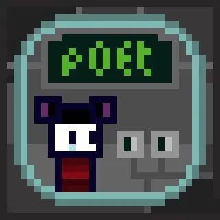 A pixel art image showing a character with the text 'P00t' displayed on a screen above them.