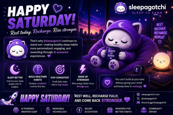 A 'Happy Saturday' promotional graphic for 'sleepagotchi' featuring a sleeping purple cat mascot and messaging about rest, recharge, and 'SLEEP TO EARN' benefits.