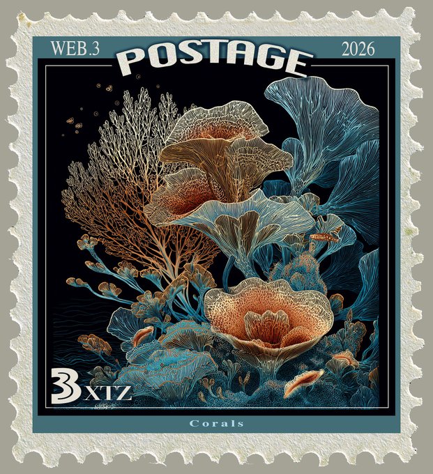 A stylized postage stamp labeled 'WEB.3 POSTAGE 2026' with a '3 XTZ' denomination, depicting an artistic illustration of corals in blue and orange tones on a black background.