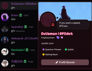 A Discord chat interface showing user '0xUzman I RP●dot' with the rp●dot.com profile open, listing roles as Quantum Pioneer and Qubits, and a message reading 'If you want a speed, RPCdot.'