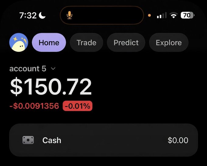 A mobile screenshot of a crypto trading app showing "account 5" with a balance of $150.72, displaying a slight decline of -$0.0091356 (-0.01%), with $0.00 in Cash and navigation tabs for Home, Trade, Predict, and Explore. The image appears to serve as proof of a $150 balance claimed in a giveaway post offering $50 to three winners in 24 hours.