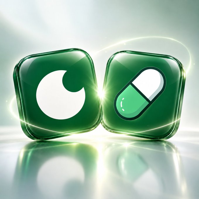 Two green glossy app icons on a light background — one showing a flame-like logo and the other showing a pill/capsule design.