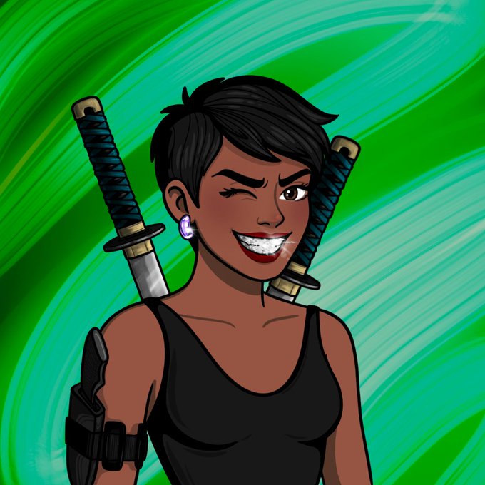 A digital illustration shows a smiling, winking woman with short black hair, wearing a black tank top and carrying two katanas crossed on her back against a green swirled background.