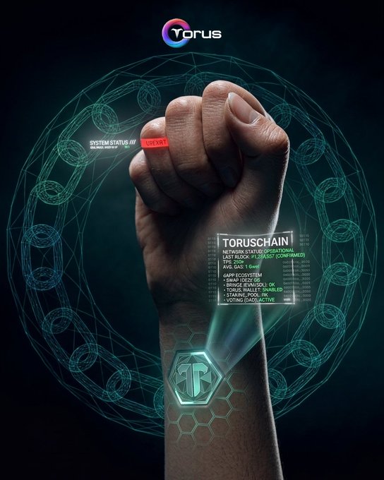 A futuristic promotional image shows a clenched fist with a holographic 'TORUSCHAIN' interface projected from the wrist displaying 'SYSTEM STATUS // U...', with the 'Torus' logo at the top and a hexagonal chain symbol in the background.
