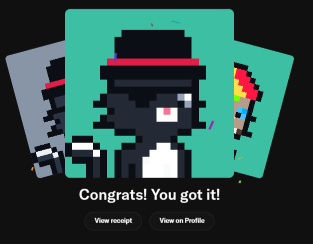 A digital congratulatory screen displays pixel art characters with the text 'Congrats! You got it!' along with 'View receipt' and 'View on Profile' buttons.
