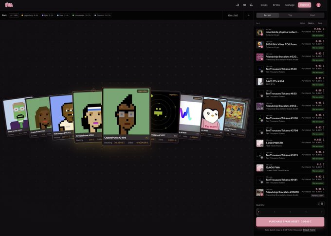 A screenshot of a digital collectibles marketplace displaying a portfolio of pixel-art NFTs and various tokens, including CryptoPunk #202, CryptoPunk #3148, and Tokens #2827, with prices and transaction history visible on the right side. The image illustrates the FWA (Fungible Web Art) protocol marketplace referenced in the accompanying post about Rhynotic's weekend playbook discussing NFT trading.
