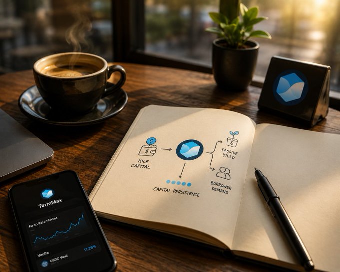 A steaming espresso sits beside an open notebook showing a hand-drawn diagram with labels including "IDLE CAPITAL," "CAPITAL PERSISTENCE," "PASSIVE YIELD," and "BORROWER DEMAND," while a phone displays the TermMax app with the "Fixed Rate Market" vault showing a 11.29% yield on USDC.

The image visually echoes the post's thesis: idle capital flows into TermMax's fixed-rate vault, where USDC persists to earn passive yield until borrower demand activates it.