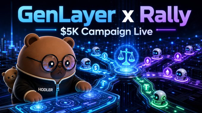A promotional graphic for 'GenLayer x Rally - $5K Campaign Live' featuring a cartoon bear character wearing glasses and a 'HODLER' jacket, alongside neon-lit crypto-themed imagery with scales of justice and robot icons.