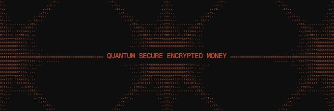 A digital graphic featuring a dark background filled with orange binary code, with the text 'QUANTUM SECURE ENCRYPTED MONEY' running horizontally across the center.