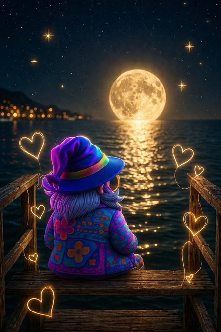 A whimsical digital illustration of a witch in a purple hat sitting on a wooden dock, gazing at a glowing full moon over the sea, with magical golden heart-shaped lights floating around her.