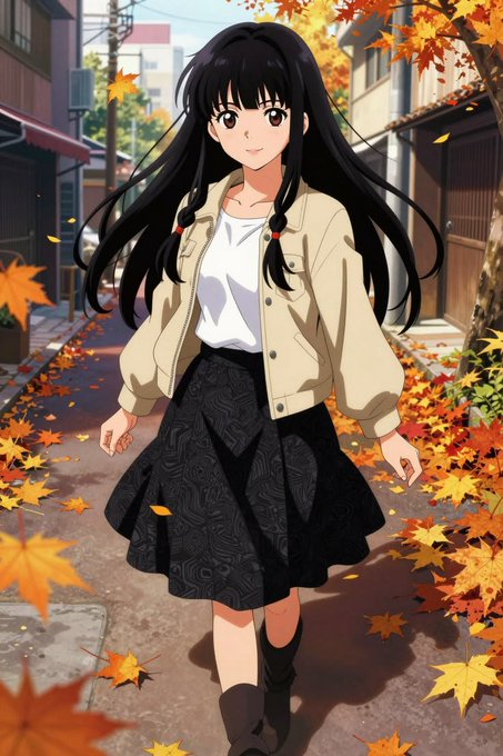 An anime-style illustration of a smiling girl with long black hair wearing a beige jacket, white top, and black patterned skirt, walking down a street with autumn leaves.