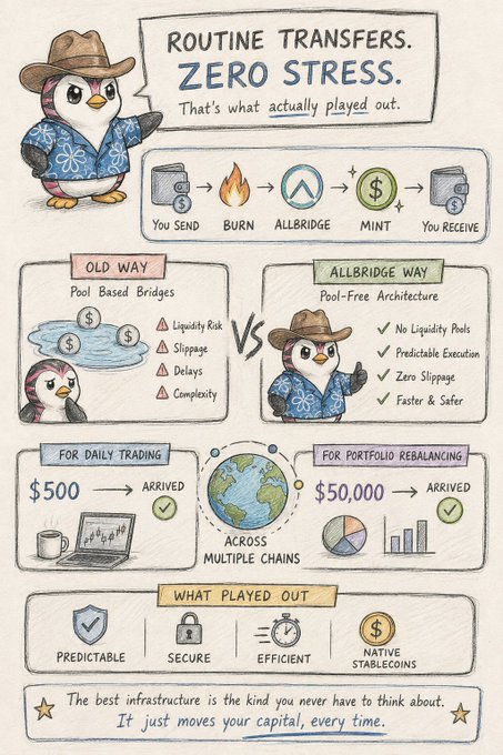 An infographic titled 'ROUTINE TRANSFERS. ZERO STRESS.' features a cartoon penguin character and illustrates a cross-chain crypto transfer via 'ALLBRIDGE', contrasting 'OLD WAY Pool Based Bridges' (with Liquidity Risk, Slippage, Delays, Complexity) against the 'ALLBRIDGE WAY Pool-Free Architecture' (No Liquidity Pools, Predictable Execution, Zero Slippage, Faster & Safer), showing flows for daily trading ($500) and portfolio rebalancing ($50,000).