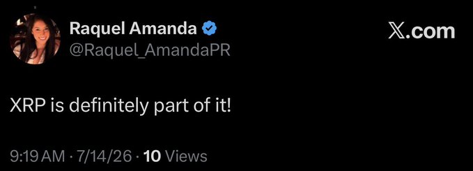 A tweet from verified user Raquel Amanda (@Raquel_AmandaPR), Senior Communications Lead at RippleXDev, reads "XRP is definitely part of it!" timestamped 9:19 AM on 7/14/26 with 10 views. The accompanying post highlights this as a major confirmation from Ripple's PR & Community Lead regarding the x402 Foundation announcement, noting XRP's relevance as AI agents require fast, native functionality.