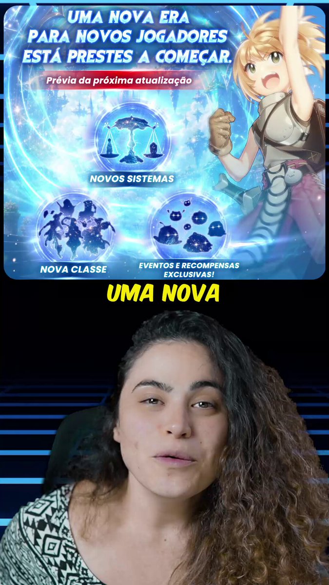 The image features a woman with curly hair wearing a black and white patterned shirt. She appears to be smiling at the camera while looking directly into it. The background of the image is dark, which contrasts with her light-colored hair. There are no texts or other objects in the image, but there is a caption that reads "Uma Nova" above her head.