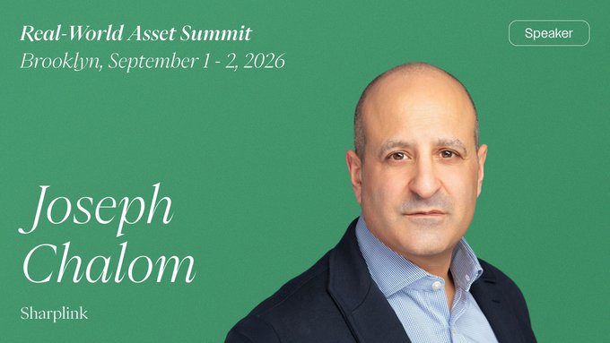 A promotional graphic for the Real-World Asset Summit in Brooklyn on September 1-2, 2026, featuring speaker Joseph Chalom of Sharplink against a green background.