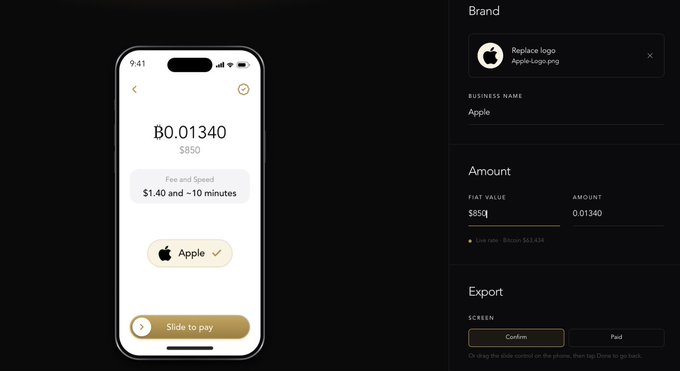 The image shows an iPhone mockup displaying a Bitcoin payment confirmation for $850 (₿0.01340) to Apple, with a fee of $1.40 and ~10 minute confirmation time, alongside a brand export settings panel on the right. This illustrates the post's point about enhanced Bitcoin payment systems that improve merchant branding and conversion rates, while making transactions safer and more customizable for both businesses and customers.