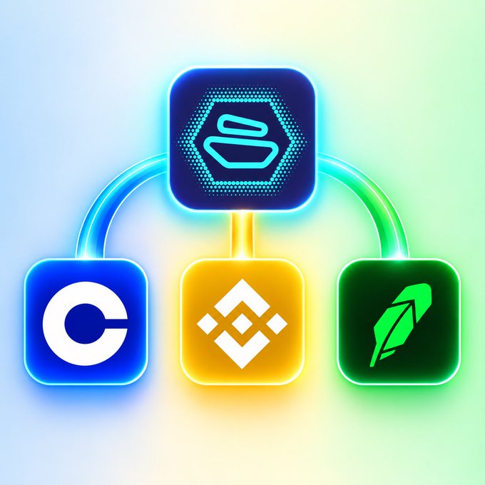 A colorful digital illustration showing four cryptocurrency app icons connected by neon tubes: Coinbase (C), Binance (yellow), Phantom (green), and a top icon resembling Sui.