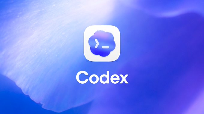 The image features the OpenAI Codex app icon—a white rounded square containing a purple cloud with a command prompt symbol—displayed prominently with the word "Codex" beneath it, set against a soft blue abstract background. It visually represents the AI coding tool being praised in the post for its effectiveness in helping ship a mobile app MVP and handling Xcode profiling.