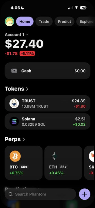 A screenshot of the Phantom crypto wallet app showing Account 1 with a balance of $27.40 (-$1.78 / -6.11%), holding tokens including 10.98M TRUST and 0.03259 SOL, along with perpetual positions in BTC (40x) and ETH (25x).