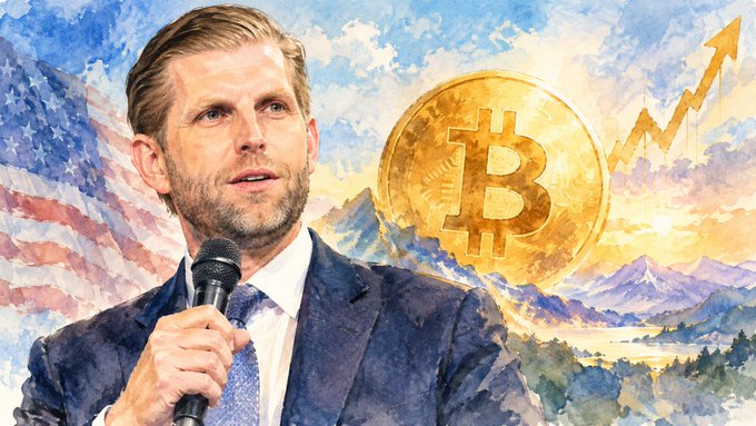 A painted illustration shows Eric Trump speaking into a microphone alongside a large golden Bitcoin symbol with an upward arrow, set against a backdrop of mountains and an American flag, visually reinforcing his bullish BTC endorsement.