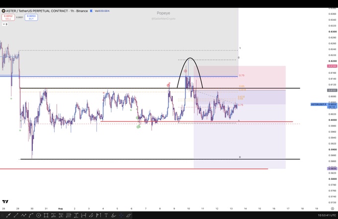 A TradingView chart of the ASTER/USDT perpetual contract shows price action consolidating around the 0.6044 level between horizontal support (~0.5980) and resistance (~0.6155), with dashed Fibonacci levels (0.0-1.0) marking an extended upside target zone, illustrating the sideways mid-range chop the trader describes as "testing my patience."