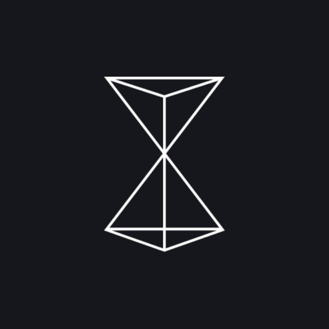 A minimalist white line-art logo on a black background depicting two opposing triangular shapes joined at their apex, forming a stylized geometric 'X' figure.
