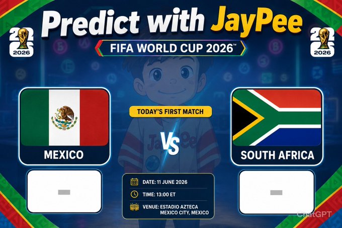 The image features a poster for a FIFA World Cup 2016 event, where two children are depicted representing Mexico and South Africa. The poster includes text that reads "Predicate with Jaypee" and "Today's first match", suggesting that the game is being played between these two teams. The poster also displays the names of the participating countries and their respective flags, along with a link to the event page for more information about the game and potential prizes.

The image is accompanied by text that reads "INTRODUCING: #PredictWithJaypee Throughout the #FIFAWorldCup2026 campaign, you'll have the chance to predict match results and win amazing prizes! Prizes include X Premium subscription (for both verified and non-verified users) USDT rewards A football".