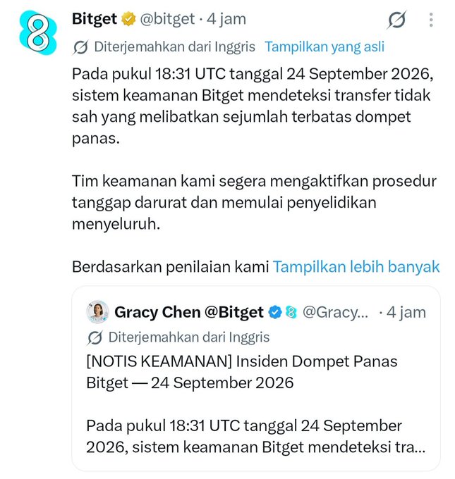 An Indonesian-language tweet from Bitget (@bitget) and Gracy Chen announcing a security incident on September 24, 2026, stating that their security system detected unauthorized transfers involving a limited number of hot wallets.