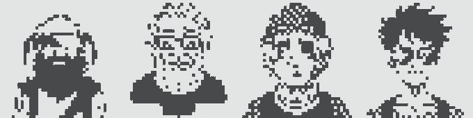A black and white pixel art image showing four stylized portrait figures side by side.
