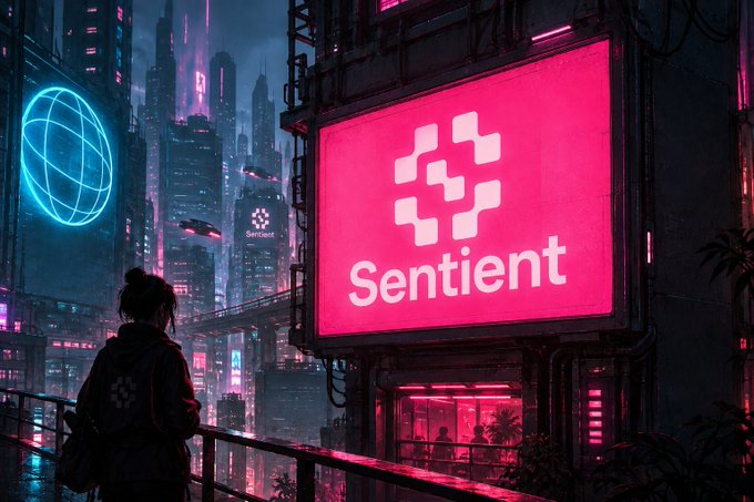 A cyberpunk-style illustration depicts a futuristic neon cityscape at night, featuring a large pink illuminated billboard displaying the 'Sentient' logo and name, with a person in a hoodie looking out over a railing.