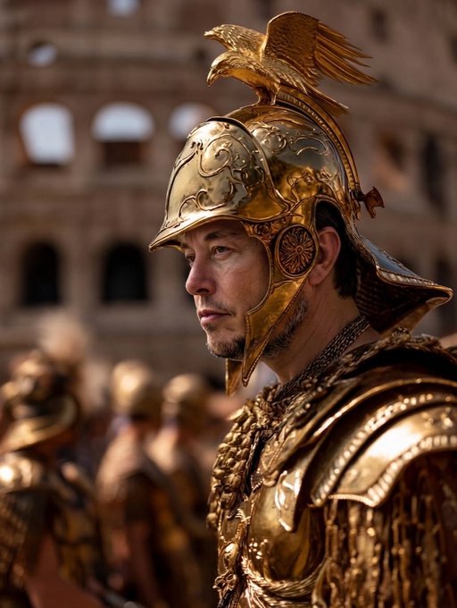 A man in elaborate golden Roman armor with an eagle-crested helmet stands in profile against the backdrop of the Colosseum, with other similarly armored soldiers visible behind him.