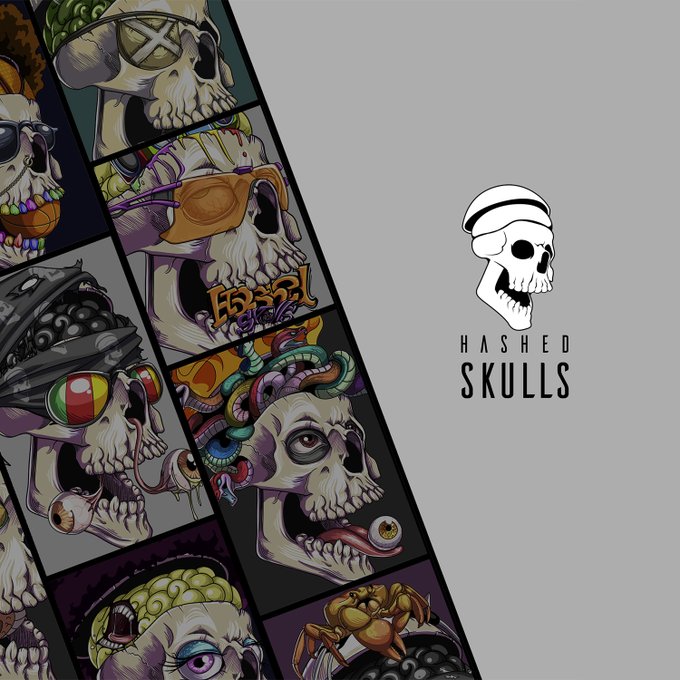 Promotional graphic for 'Hashed Skulls' NFTs, displaying a grid of stylized, colorful cartoon skulls with various accessories like sunglasses and butterflies, alongside the project's logo featuring a skull in a beanie.