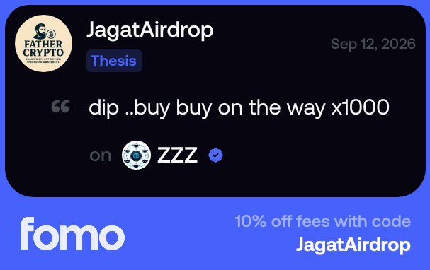 A social media post by JagatAirdrop from Sep 12, 2026 reads 'dip ..buy buy on the way x1000 on ZZZ' with promo text 'fomo 10% off fees with code JagatAirdrop'.