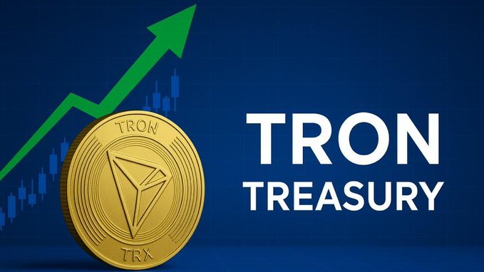 A golden TRON (TRX) coin is displayed alongside a green upward arrow and rising candlestick chart against a blue background, with bold text reading "TRON TREASURY"—visually reinforcing the post's message about TRON's DeFi ecosystem attracting significant liquidity and climbing Total Value Locked (TVL) figures.