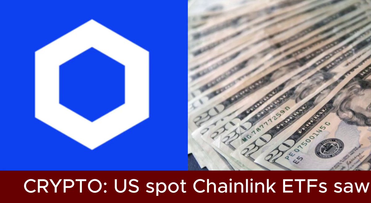 The image features a close-up of a stack of US dollar bills with the Crypt logo displayed above them. The Crypt logo is a hexagon with a white border, and the text "Crypt::US spot chainlink ETFs saw their first day of net inflows since late May on June 5" is written below it. This suggests that the Crypt token has attracted significant interest in the cryptocurrency market recently.