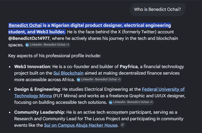 A screenshot of a ChatGPT response asking 'Who is Benedict Ochai?' describing him as a Nigerian digital product designer, electrical engineering student, and Web3 builder, highlighting his work on Payfrica and Sui Blockchain.