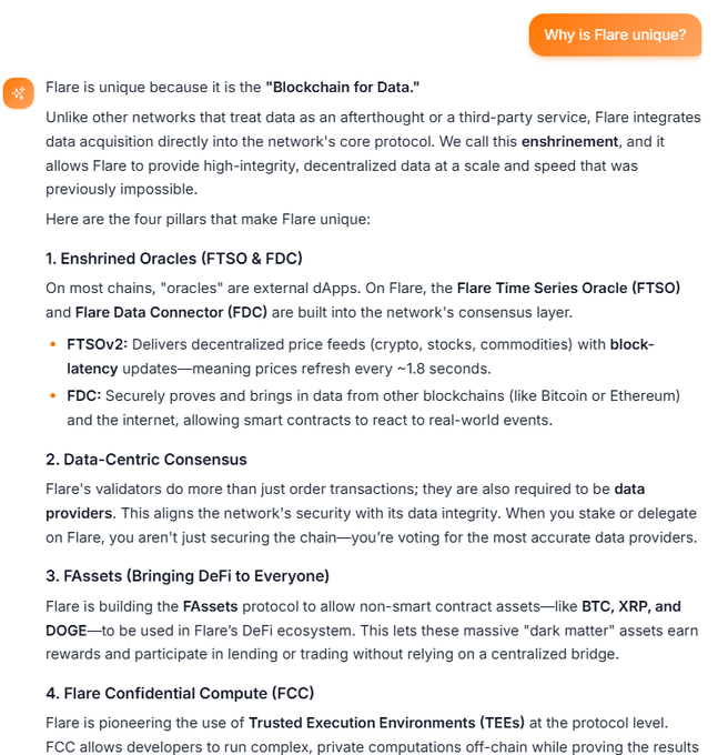 The image is an informational graphic titled "Why is Flare unique?" explaining Flare as the "Blockchain for Data" through four pillars: Enshrined Oracles (FTSO & FDC), Data-Centric Consensus, FAssets protocol, and Flare Confidential Compute (FCC). It highlights features like FTSOv2 delivering price feeds every ~1.8 seconds and mentions assets like BTC, XRP, and DOGE.

The post from Sparky directly relates by referencing the Flare blockchain network and prompting others to explore or "try" learning about it via the linked ask page.
