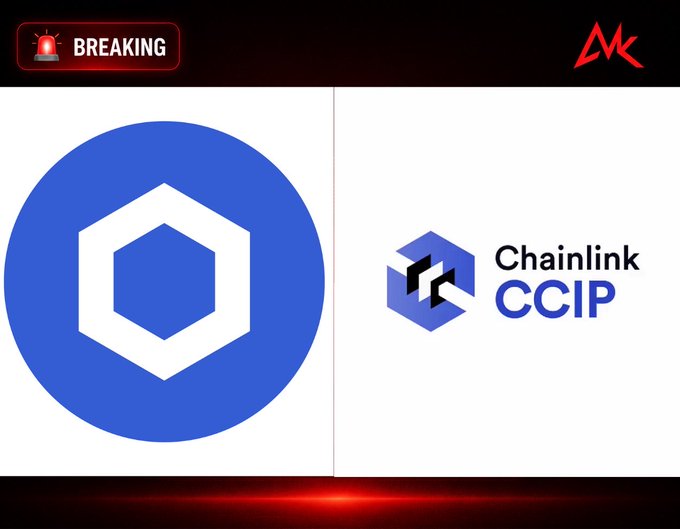 The image displays a "BREAKING" news banner featuring the Chainlink logo (a blue hexagon) alongside the "Chainlink CCIP" branding, visually supporting the announcement that BitGo has migrated nearly $8 billion in wrapped BTC to Chainlink's Cross-Chain Interoperability Protocol (CCIP).