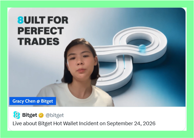 Bitget's official account (@bitget) posted a live update from spokesperson Gracy Chen addressing a September 24, 2026 hot wallet incident, displayed alongside a "Built for Perfect Trades" graphic and 3D key illustration. The post announces the security breach that caused ~$351M in damages while emphasizing that cold wallets, user funds, and deposits/trading remain unaffected, backed by $464M+ in available coverage.