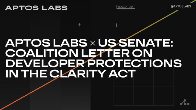 The image features a poster with white text that reads "Aptos Labs x US Senate: Coordination Letter On Developer Protections In The Clarity Act". The poster also includes an orange line running down the center of the image, which is positioned at the top and bottom corners.