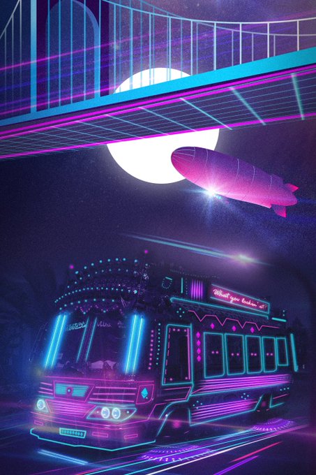 A neon-lit, futuristic bus glowing in pink and blue colors drives beneath a bridge at night, with an airship and full moon in the sky.