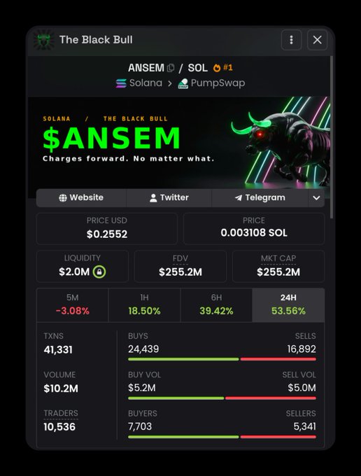 A cryptocurrency tracker dashboard displaying '$ANSEM' token data on the 'The Black Bull' platform, showing a price of $0.2552, $2.0M liquidity, $255.2M market cap, and 53.56% gain over 24H.