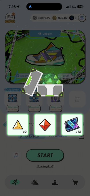 A mobile game interface for 'Jogger' showing a sneaker NFT, in-game currency, and a 'START' button.
