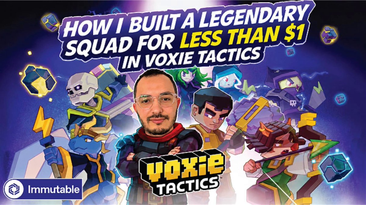 !"The image features an animated screenshot of gameplay, with several characters from a video game. At the center of the image is a man standing between two other men, wearing glasses and holding up a sword. The text above him reads "How I built a legendary squad for less than $1 in @VoxieTactics". In the background, there are more characters also engaged in battle against each other. Additionally, a block of text indicates that this game is part of the Immutably x @0x Polygon tournament, with the focus being on strategies and tactics to build strong teams."