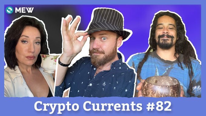 A YouTube thumbnail titled 'Crypto Currents #82' features three people, including a man tipping his hat and a man holding a singing bowl.