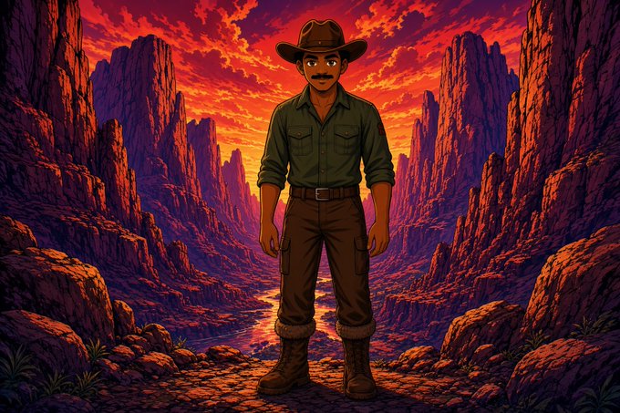 An illustration of a Black man with a mustache wearing a cowboy hat, green shirt, and brown pants, standing in a dramatic rocky canyon at sunset.