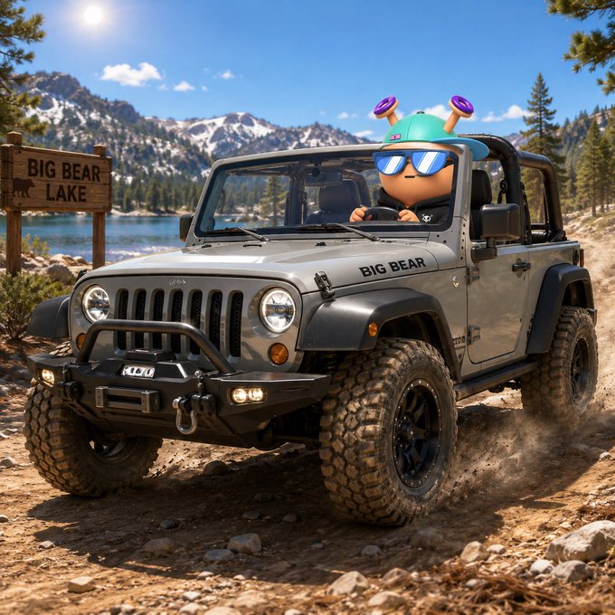 A silver Jeep labeled "BIG BEAR" parked on a dirt trail near a lake, driven by a cartoon character wearing a blue cap and sunglasses, with a "BIG BEAR LAKE" sign visible.