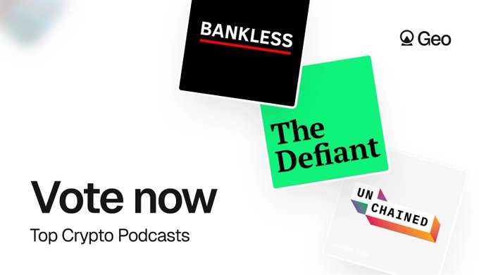 A promotional graphic titled 'Vote now - Top Crypto Podcasts' featuring logos for BANKLESS, The Defiant, and Unchained, with the Geo logo in the top right corner.