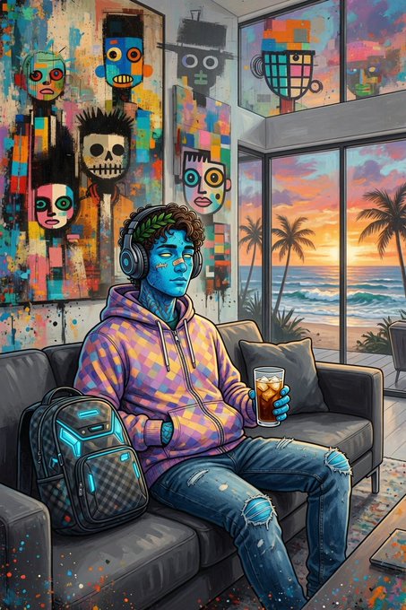 A blue-skinned figure in a patterned hoodie and headphones sits peacefully on a modern couch holding a drink, surrounded by vibrant graffiti-style artwork and backed by a stunning sunset beach view. The image's chill, aspirational vibe of relaxation perfectly matches the "TGIF" and "GM" (good morning/good mood) energy, capturing that Friday wind-down feeling.